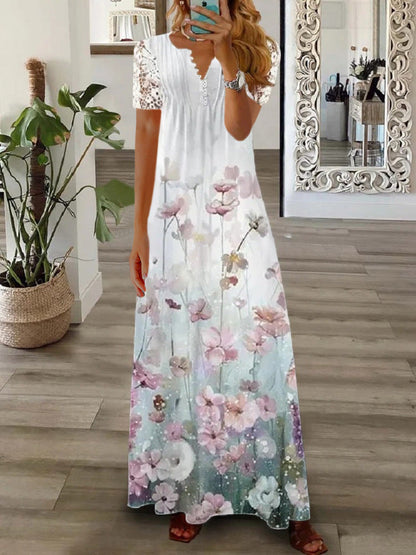 Women’s Long Dress – Flowy Fit – Lace Short Sleeve – Button Front – Elegant Style