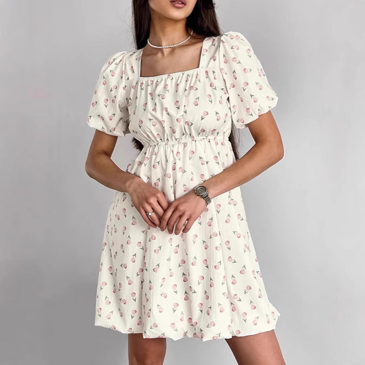Women’s A-Line Dress – Cotton Blend – Square Neck – Puff Sleeves – Floral Mini Fit