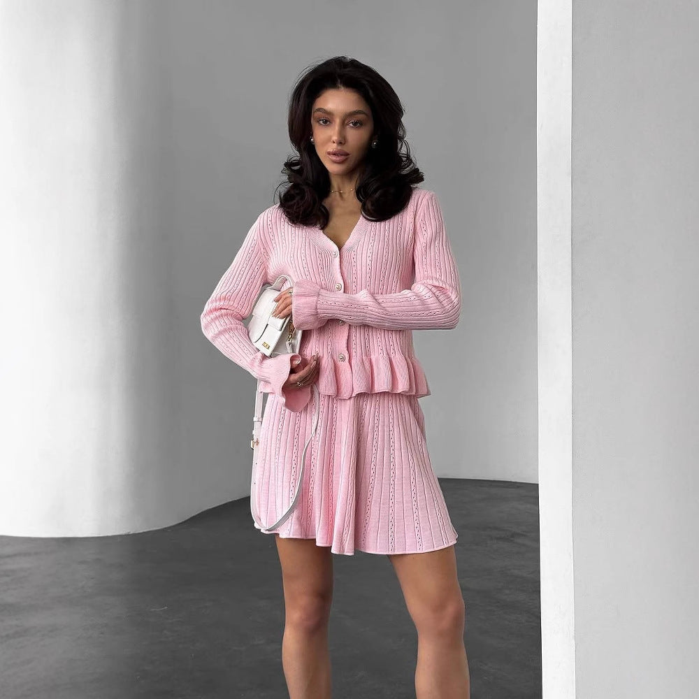 Women’s Knit Set – V-Neck Button Top – Ribbed Soft Knit – Flared Mini Skirt