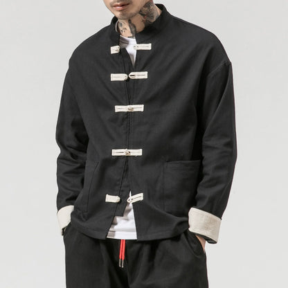 Men’s Casual Jacket – Cotton – Relaxed Fit – Chinese Frog Buttons – Stand Collar
