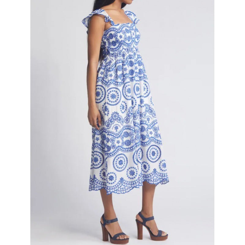 Women’s Midi Dress – Lightweight Cotton – Relaxed Fit – Ruffle Sleeve – Square Neck