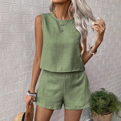 Women’s Top and Shorts Set – Lightweight Linen Feel – Relaxed Fit – Sleeveless Casual