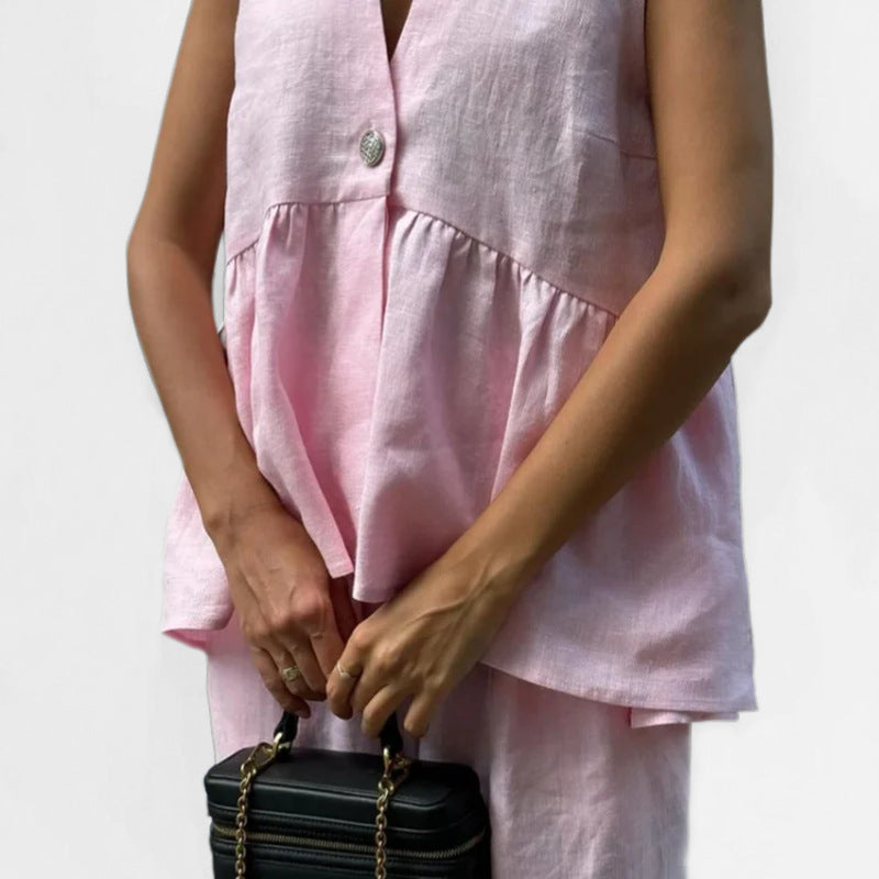 Women’s Vest – Linen Blend – Relaxed Fit – Peplum Waist – Sleeveless V-Neck