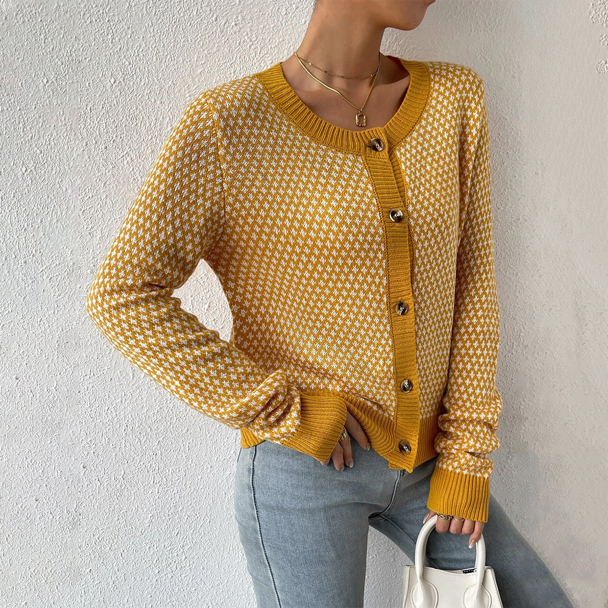 Women’s Cardigan – Relaxed Fit – Button Front – Geometric Pattern