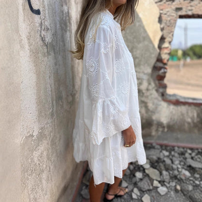 Women’s Cotton Dress – Loose Fit – Embroidered Eyelet Lace – V-Neck Boho Style