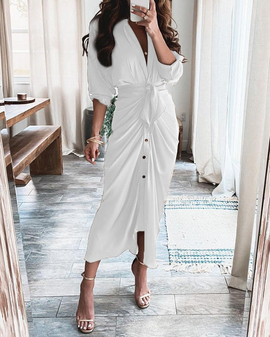 Women’s Maxi Dress – V-Neck – Button-Down – Tie Waist – Long Sleeve – Cotton