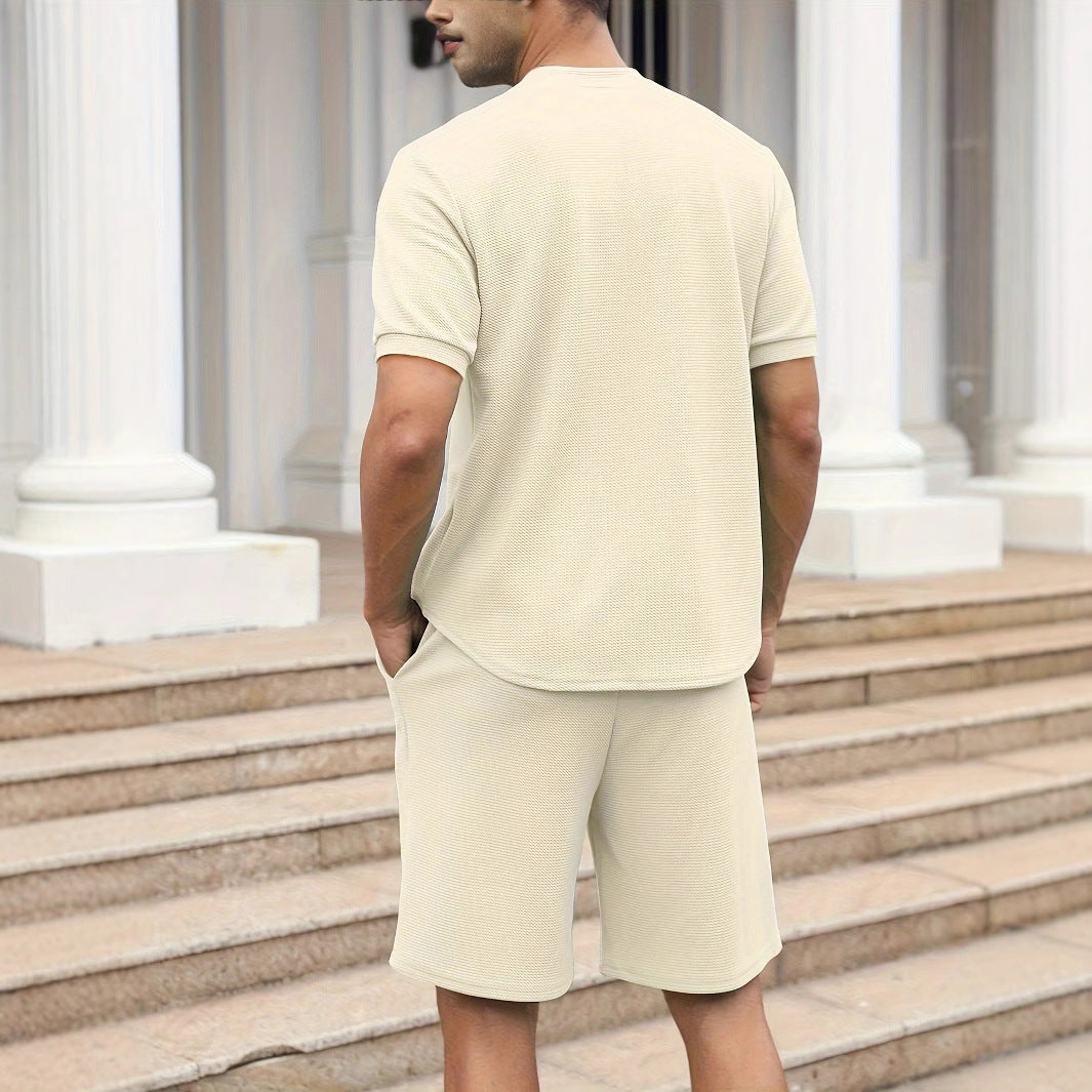 Men’s Matching Set – Waffle Knit Zip-Up Top and Shorts – Relaxed Fit – Breathable