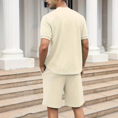 Men’s Matching Set – Waffle Knit Zip-Up Top and Shorts – Relaxed Fit – Breathable