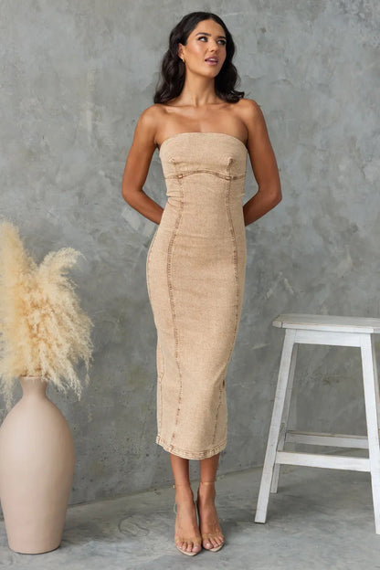 Women’s Strapless Midi Dress – Slim Fit Denim – Tailored Seams – Formal Style