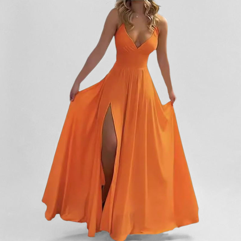 Women’s Evening Dress – Slim Fit – Chiffon Feel – V Neck – Thigh Slit – Ruffle Hem