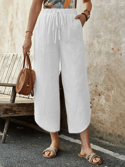Women’s Cropped Pants – Cotton Linen Blend – High Waist – Wide Leg – Drawstring Waist