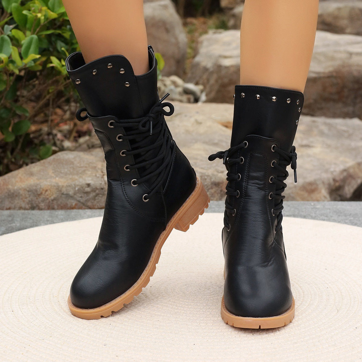 Women’s Mid-Calf Boots – Synthetic Leather – Lace-Up – Chunky Heel – Stud Detail