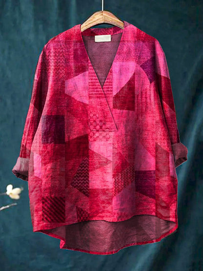Women’s Long Sleeve Shirt – Relaxed Fit – V-Neck – Cotton Blend – Digital Print