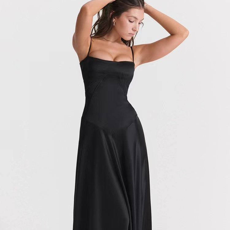 Women’s Evening Dress – Satin – A-Line Fit – Spaghetti Strap – Open Back – Floor Length