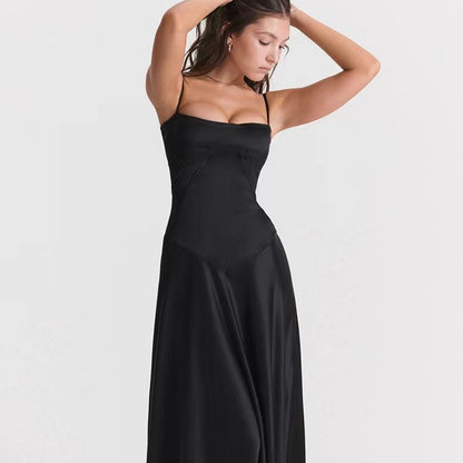 Women’s Evening Dress – Satin – A-Line Fit – Spaghetti Strap – Open Back – Floor Length