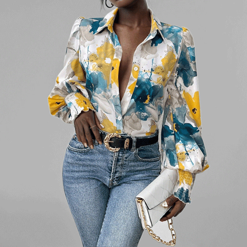 Women’s Button-Down Shirt – Oversized Fit – Puff Sleeves – Floral Print – Smocked Cuffs