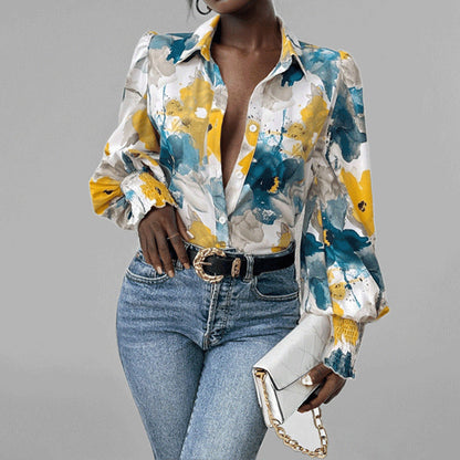 Women’s Button-Down Shirt – Oversized Fit – Puff Sleeves – Floral Print – Smocked Cuffs