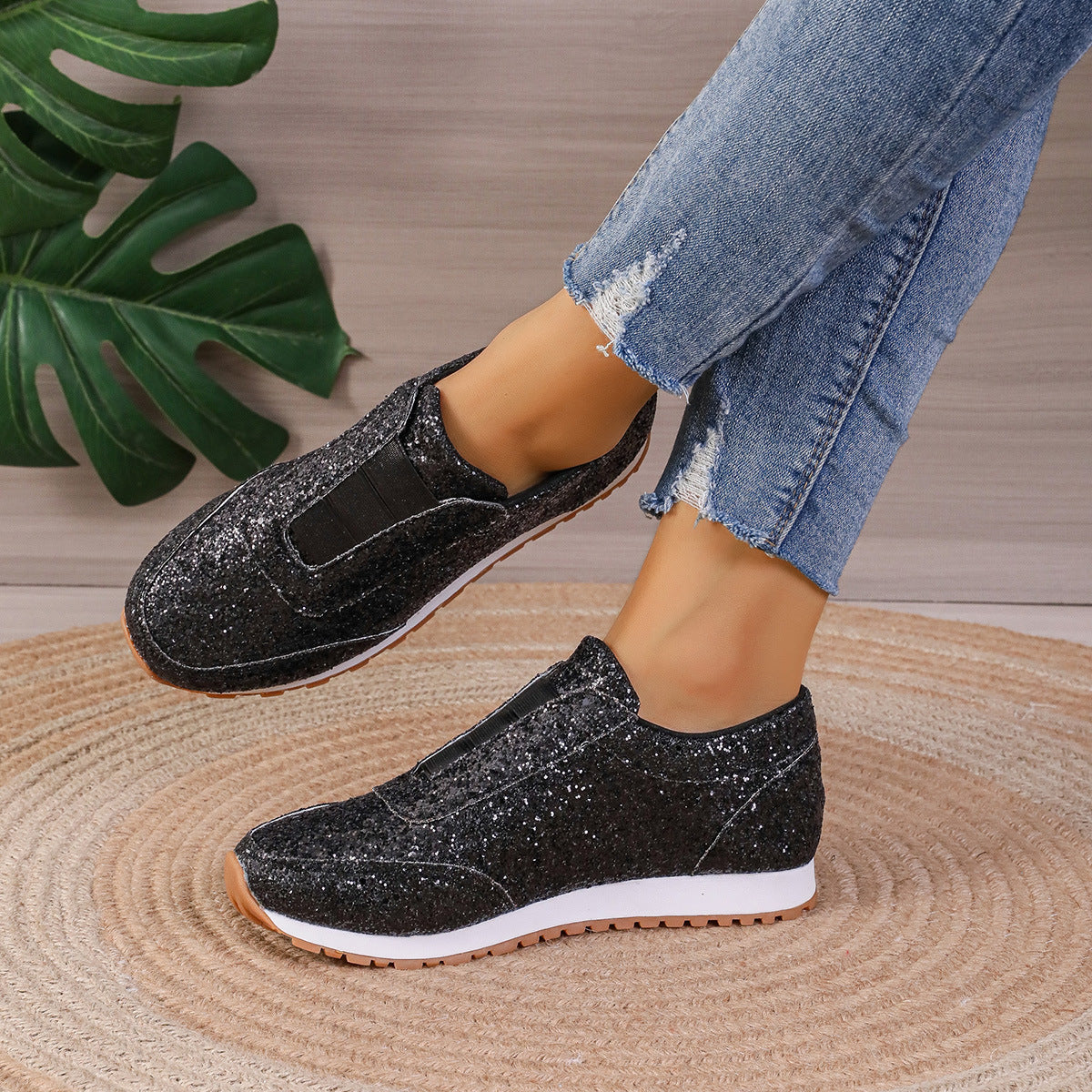 Women’s Slip-On Sneakers – Sequin Upper – Low Profile – Cushioned Sole – Casual Wear
