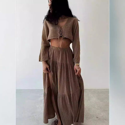 Women’s Two-Piece Set – Cotton Linen – Tie-Front Cropped Cardigan & High-Slit Skirt