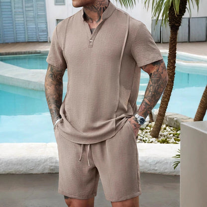 Men’s Henley Shirt and Shorts Set – Cotton – Relaxed Fit – Drawstring Waist Casual Wear