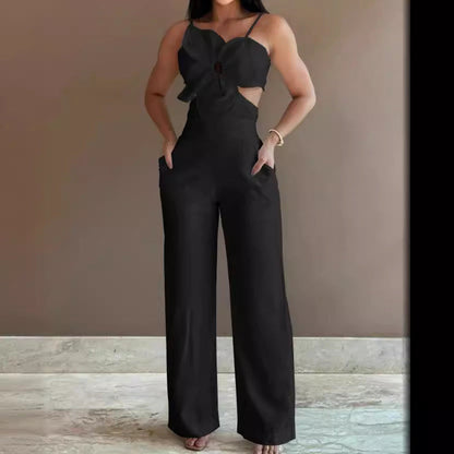 Women’s Jumpsuit – Wide Leg – Bow Front – Spaghetti Straps – Backless Cut-Out
