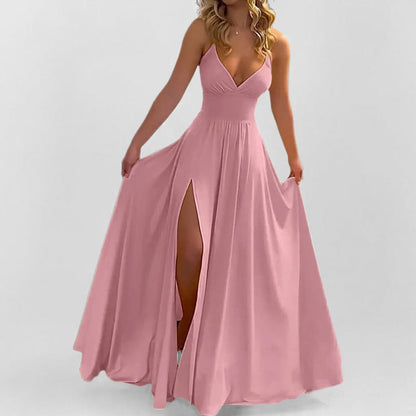Women’s Evening Dress – Slim Fit – Chiffon Feel – V Neck – Thigh Slit – Ruffle Hem