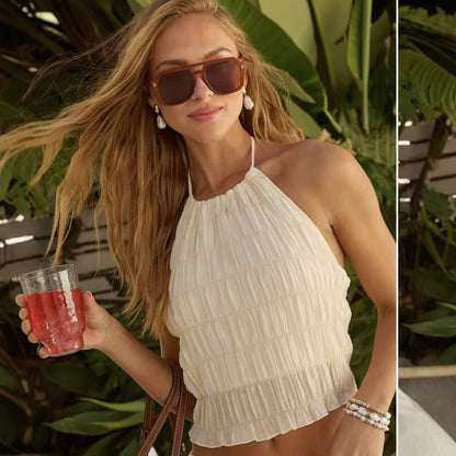 Women’s Two-Piece Set – Halter Neck – Lightweight Pleated Fabric – Ruffled Hem – Relaxed Fit