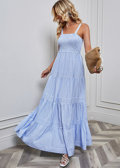 Women’s Sundress – Smocked Bodice – Tiered Maxi Skirt – Lightweight Cotton Blend – Spaghetti Straps