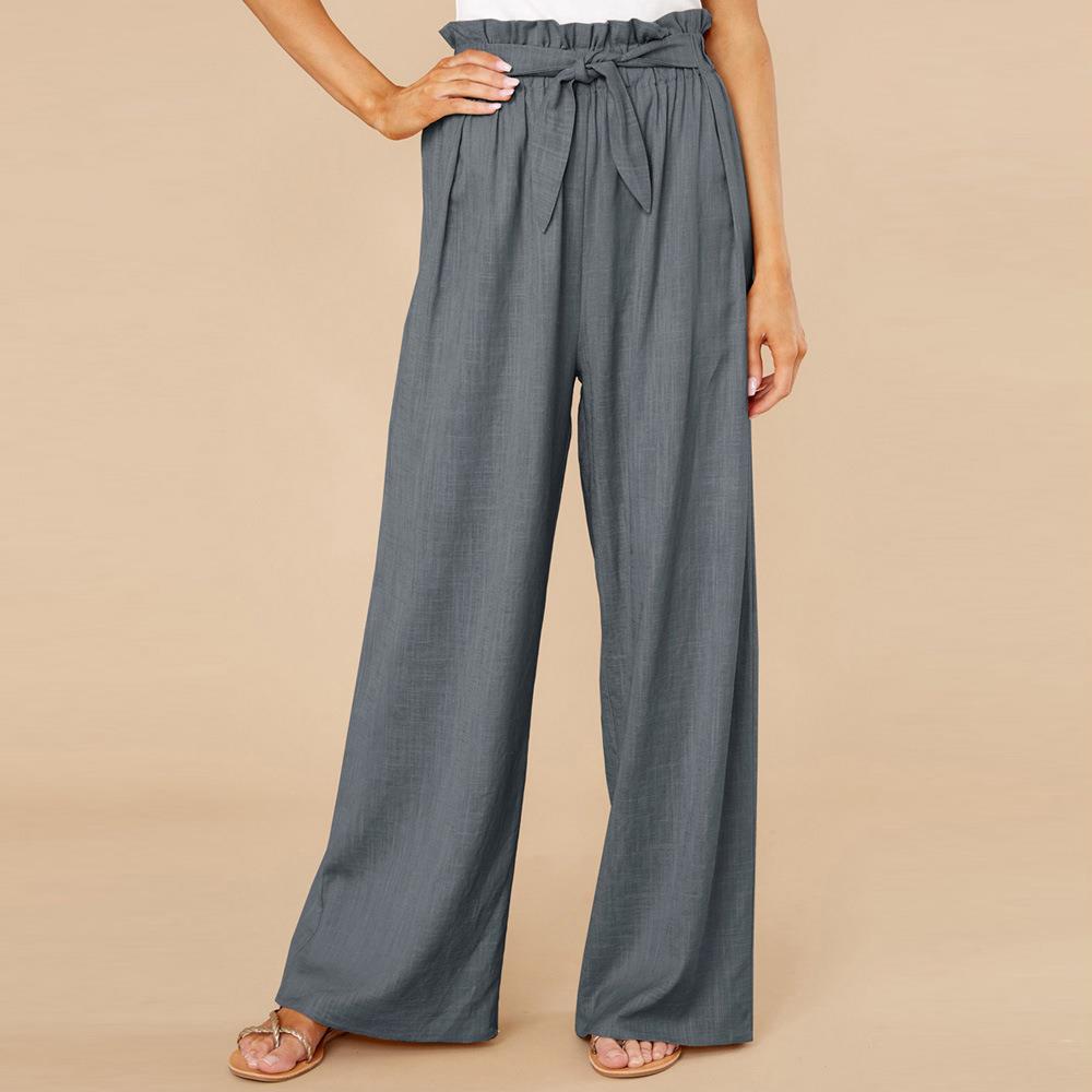 Women’s Wide-Leg Pants – Cotton Linen Blend – High Waist – Elastic Tie Belt