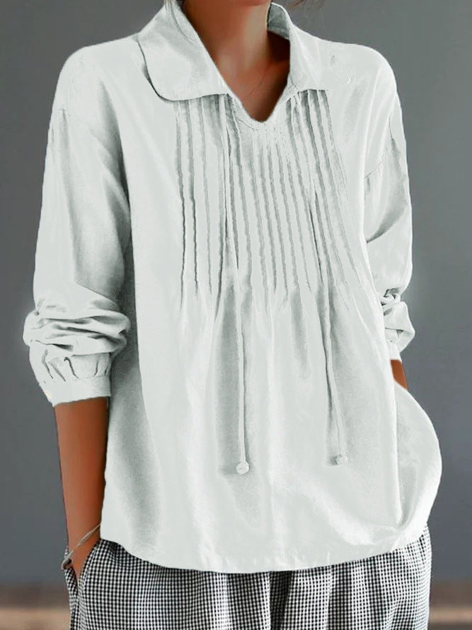 Women’s Long Sleeve Shirt – Cotton Linen Blend – Relaxed Fit – Pleated Front – Collared