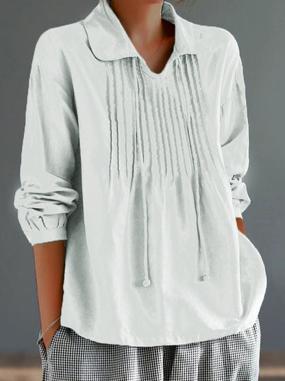 Women’s Long Sleeve Shirt – Cotton Linen Blend – Relaxed Fit – Pleated Front – Collared