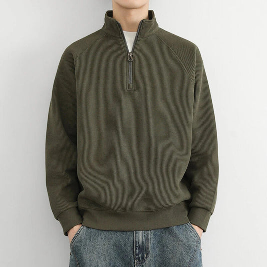Men’s Half-Zip Sweatshirt – Ribbed Knit – Relaxed Fit – Stand Collar Casual Pullover