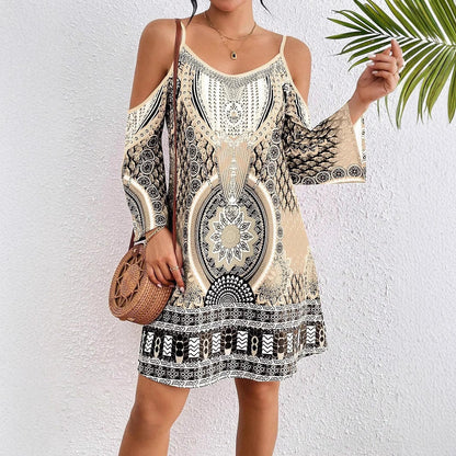Women’s Midi Dress – Off-Shoulder – Relaxed Fit – Half Sleeve – Decorative Print