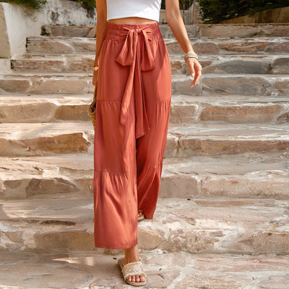 Women’s Wide-Leg Pants – High Waist – Tie Front – Tiered Cotton – Full Length