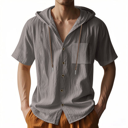 Men’s Hooded Shirt – Linen Blend – Relaxed Fit – Short Sleeve – Button-Up Casual