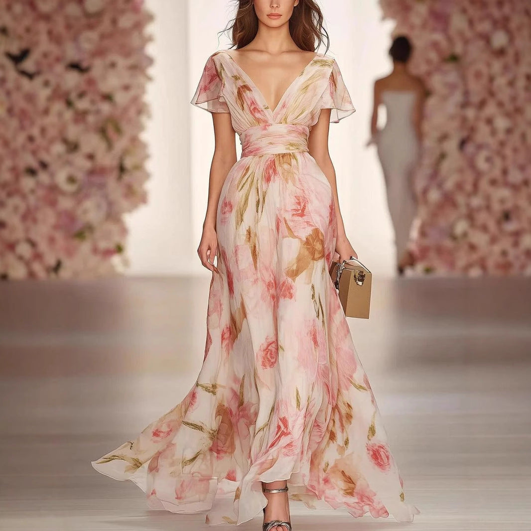 Women’s Maxi Dress – Fit and Flare – Chiffon Floral – V-Neck Flutter Sleeve Elegant Wear