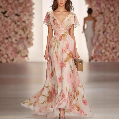 Women’s Maxi Dress – Fit and Flare – Chiffon Floral – V-Neck Flutter Sleeve Elegant Wear
