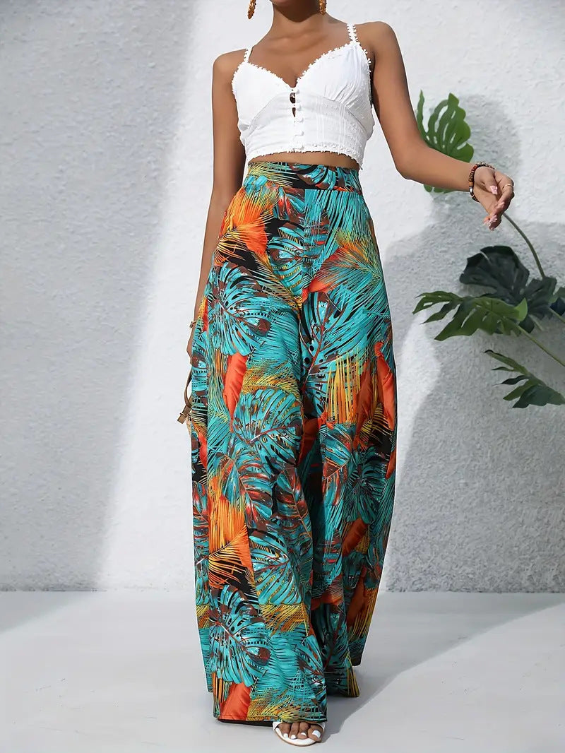 Women’s Wide-Leg Pants – High Waist – Lightweight Drape – Floral Print – Full Length