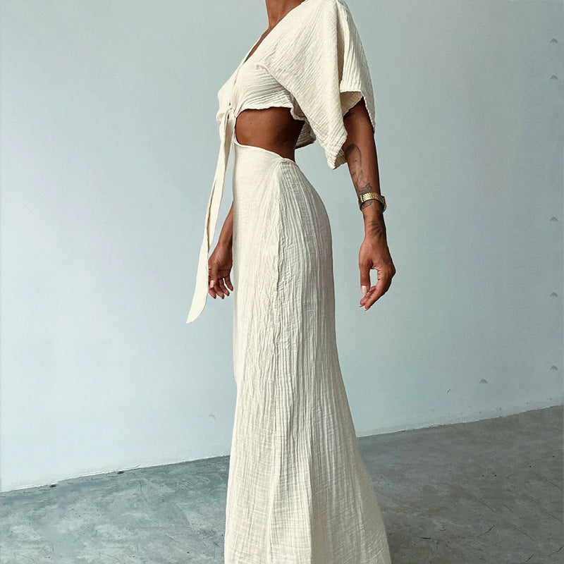 Women’s Maxi Dress – Slim Fit – V-Neck – Waist Cut-Out – Backless – Tie Front