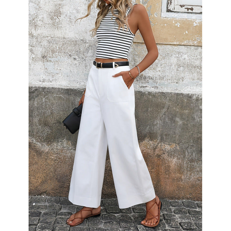 Women’s Straight-Leg Pants – High Waist – Cotton Feel – Full Length – Relaxed Fit