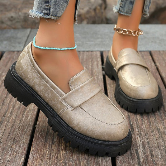 Women’s Loafers – Slip-On Round Toe – Embossed Texture – Chunky Platform Sole