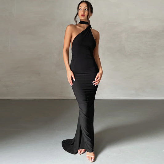 Women’s Sleeveless Dress – Slim Fit – One Shoulder – Ruched Full-Length Formal Wear