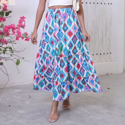 Women’s Maxi Skirt – Flowy Fit – Tiered Design – Adjustable Drawstring Waist – Boho Style