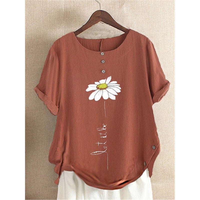 Women’s T-Shirt – Relaxed Fit – Embroidered Front – Rolled Sleeves – Soft Knit