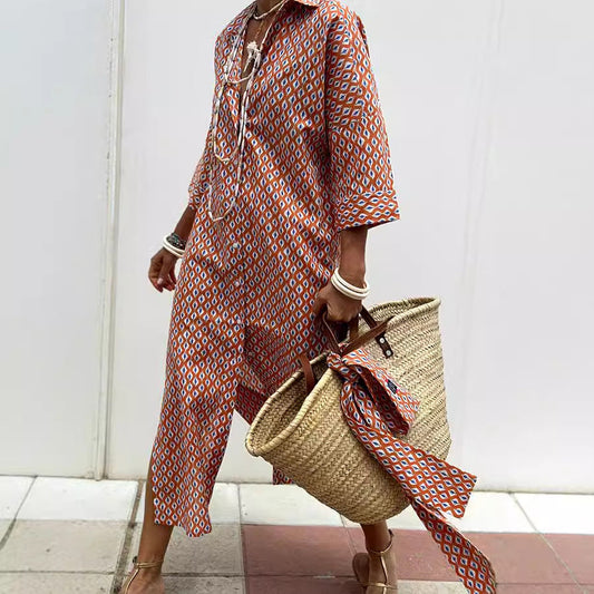 Women’s Shirt Dress – Relaxed Fit – Cotton Blend – Geometric Print – Midi Length – Button Down