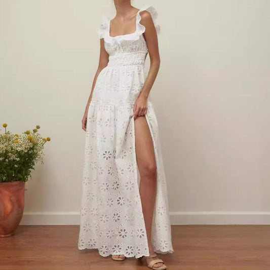 Women’s Sleeveless Dress – Cotton Eyelet – Ruffled Straps – Smocked Bodice – High Slit