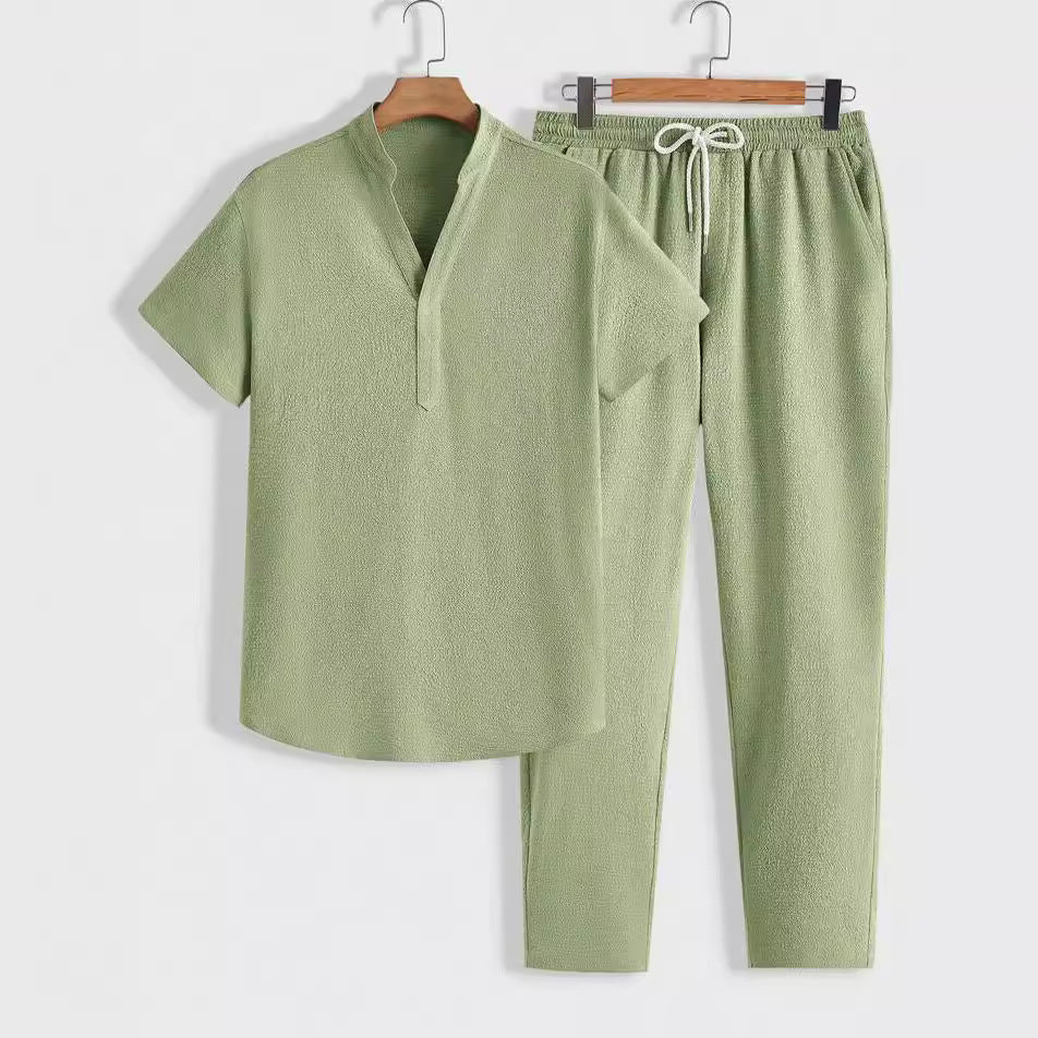 Men’s Athletic Set – Breathable Knit – Relaxed Fit – Short Sleeve Top & Drawstring Pants