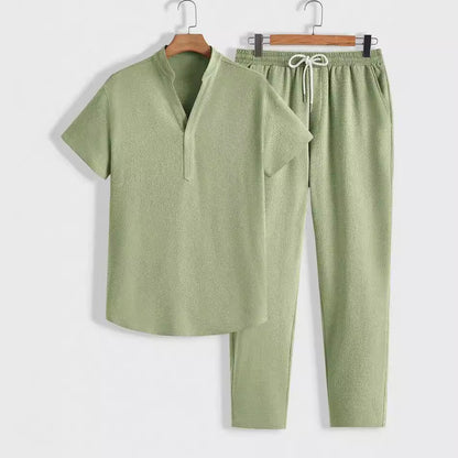 Men’s Athletic Set – Breathable Knit – Relaxed Fit – Short Sleeve Top & Drawstring Pants
