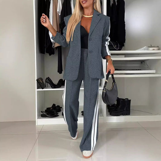 Women’s Blazer and Trouser Set – Relaxed Fit – Cotton Blend – Side Stripe Pants