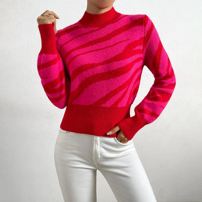 Women’s Knit Sweater – Zebra Pattern – Regular Fit – Semi-High Neck – Ribbed Cuffs